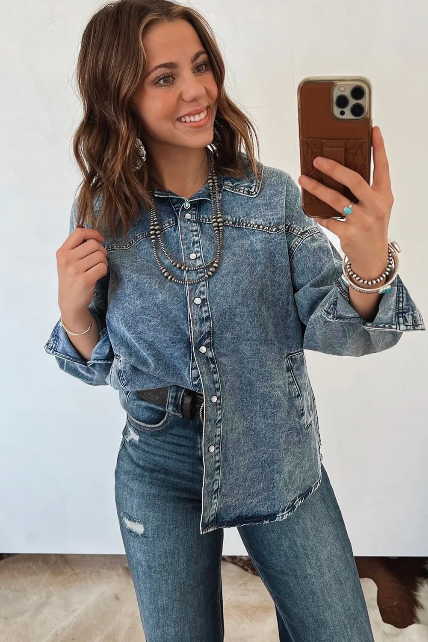 Western Dusk Blue Shirt Collar Tunic Denim Jacket