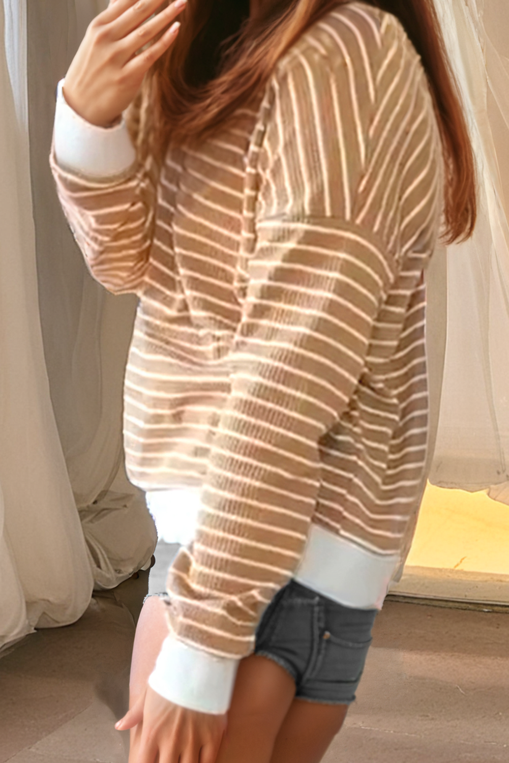Patched Edge Textured Round Neck Long Sleeve Top