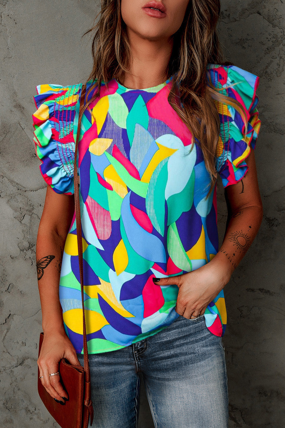 Women's Blouse with Print Stitching Ruffle-Trimmed Sleeve