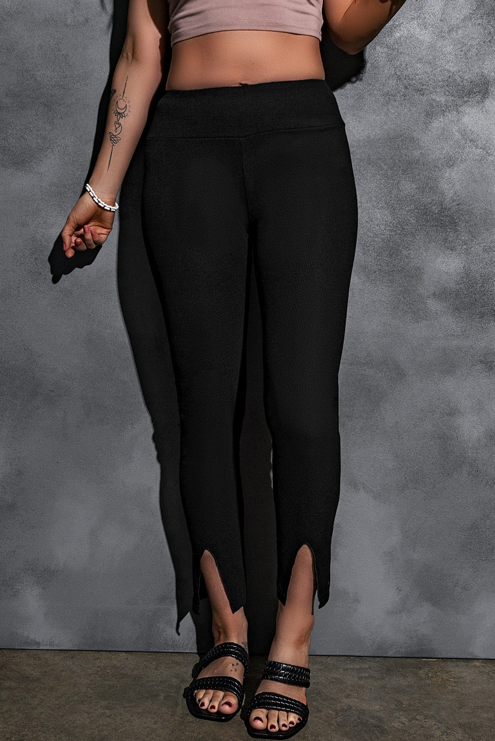 Women's Leggings with Rib-Knitted High-Rise Black Slit