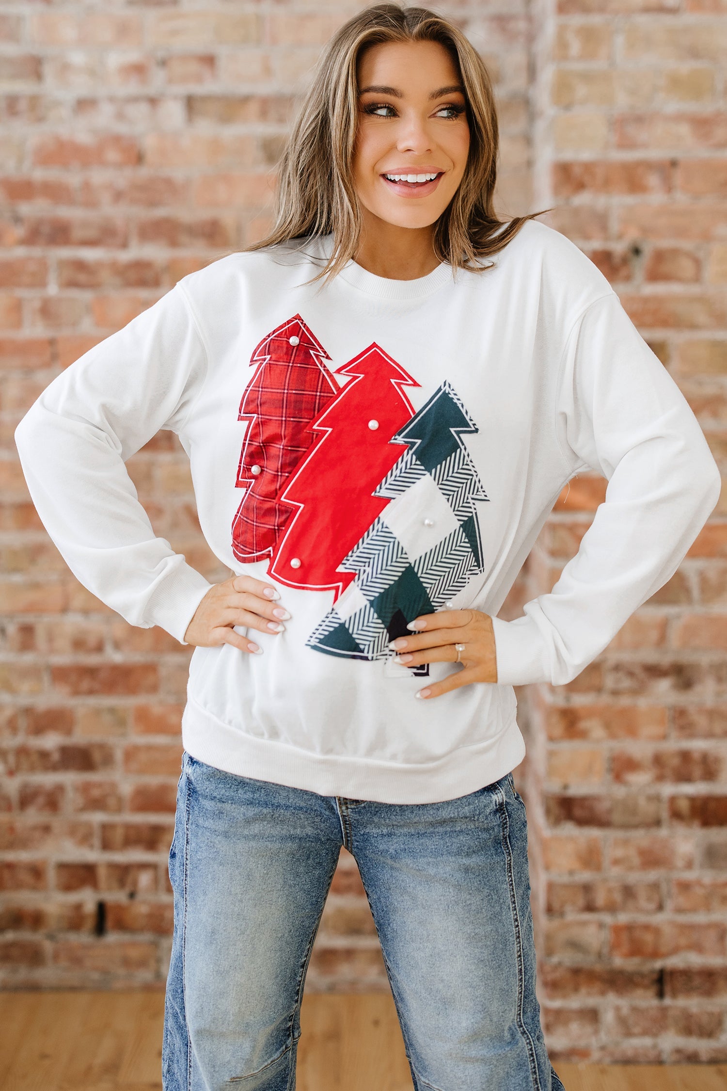 Pearl Plaid Christmas Tree Patched Drop-Shoulder Sweatshirt