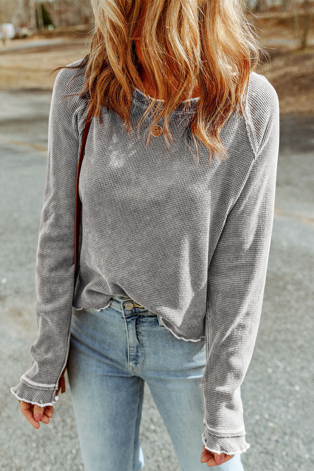 Textured Top Round-Neck Long-Sleeved in Gray