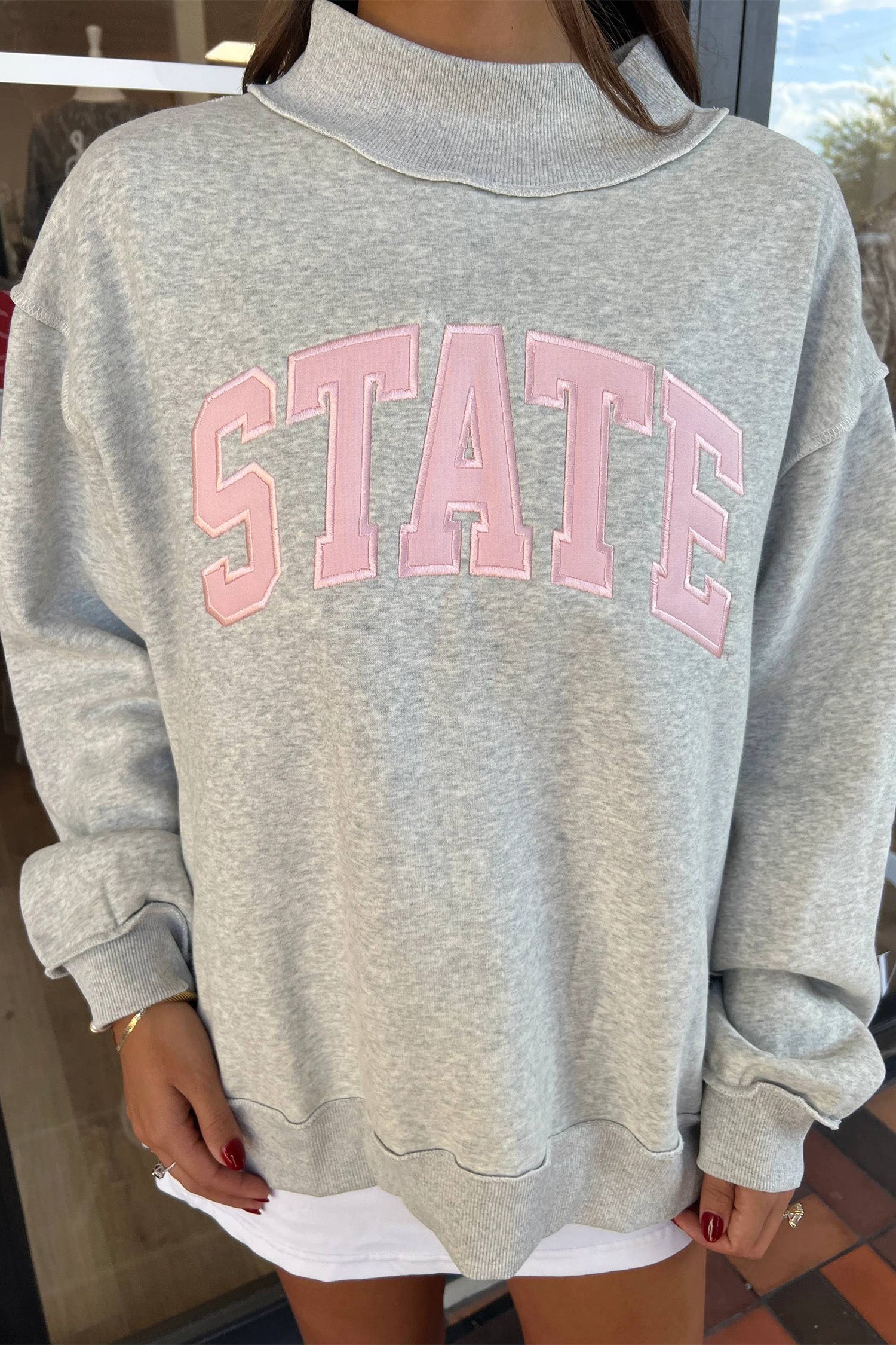 Grey Mock-Neck Light Mock-Neck Letter Embroidered Loose Sweatshirt