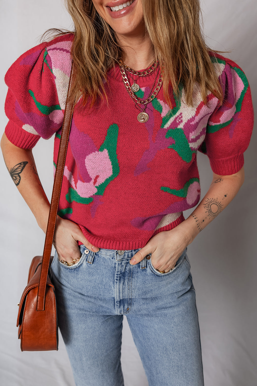 Abstract Print Floral Print Short Puff Sleeve Knit Top