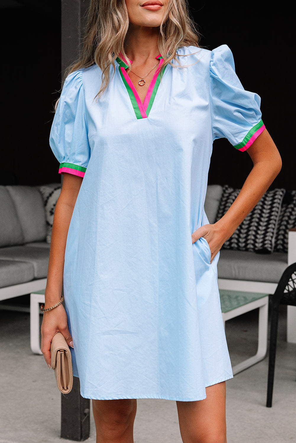 Contrast V-Neck Striped Notched Puff Sleeve Mini Dress