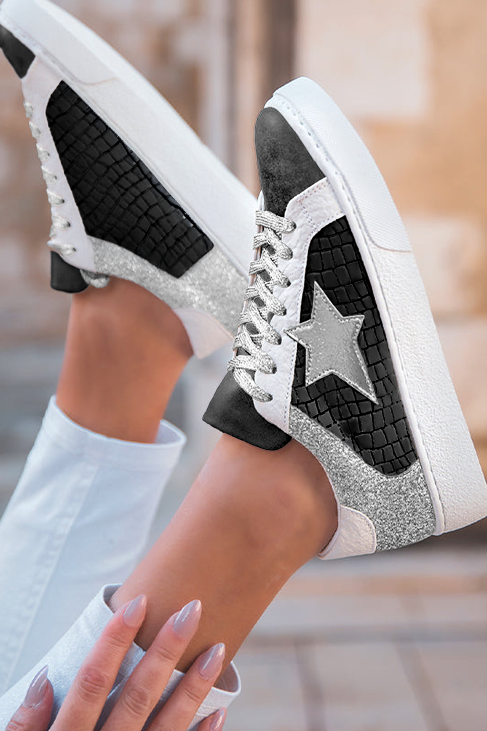 Glitter Star Patchwork PU Leather Lace-up Sneakers Style