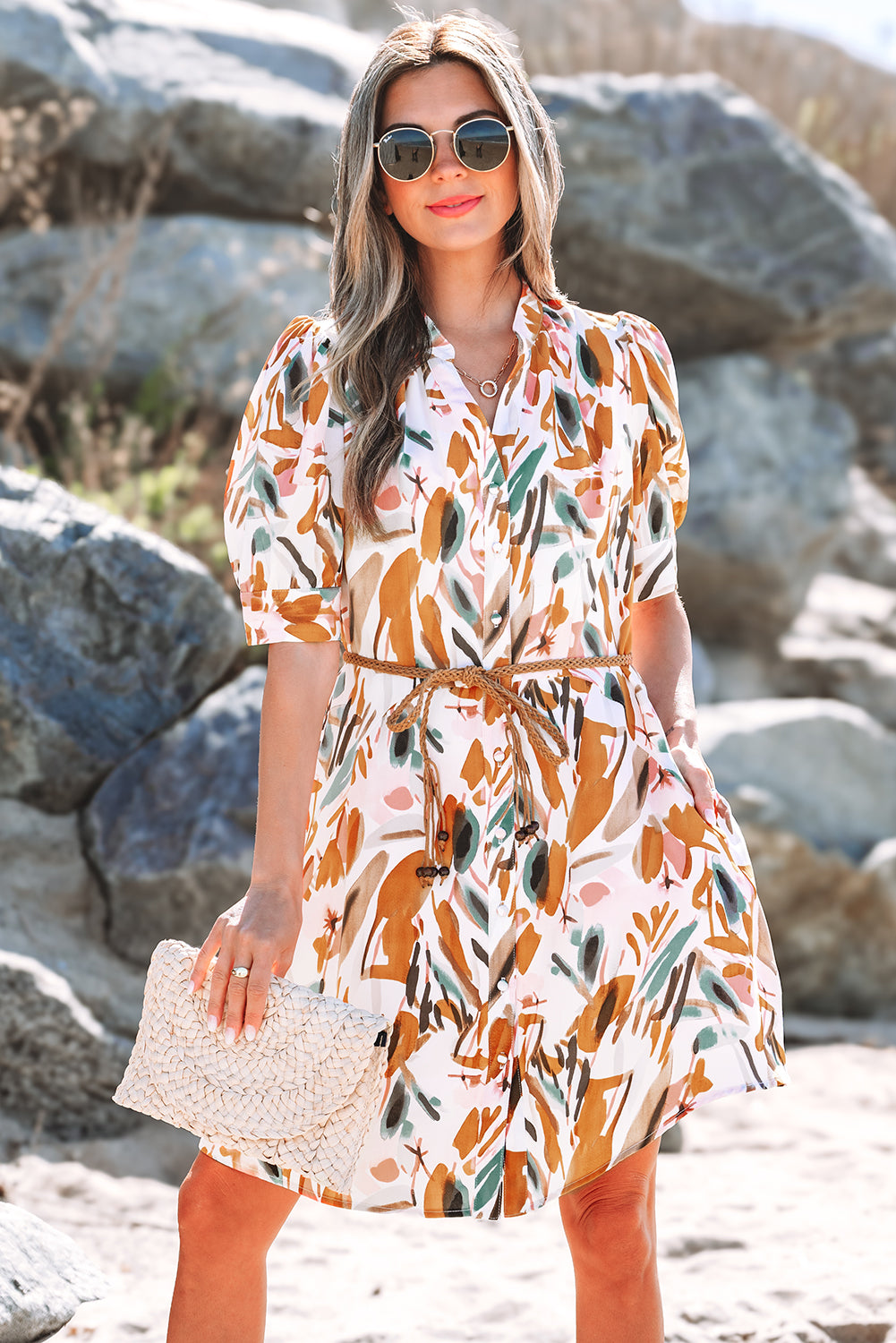 Abstract Printed Button Up Braided Belt Mini Dress
