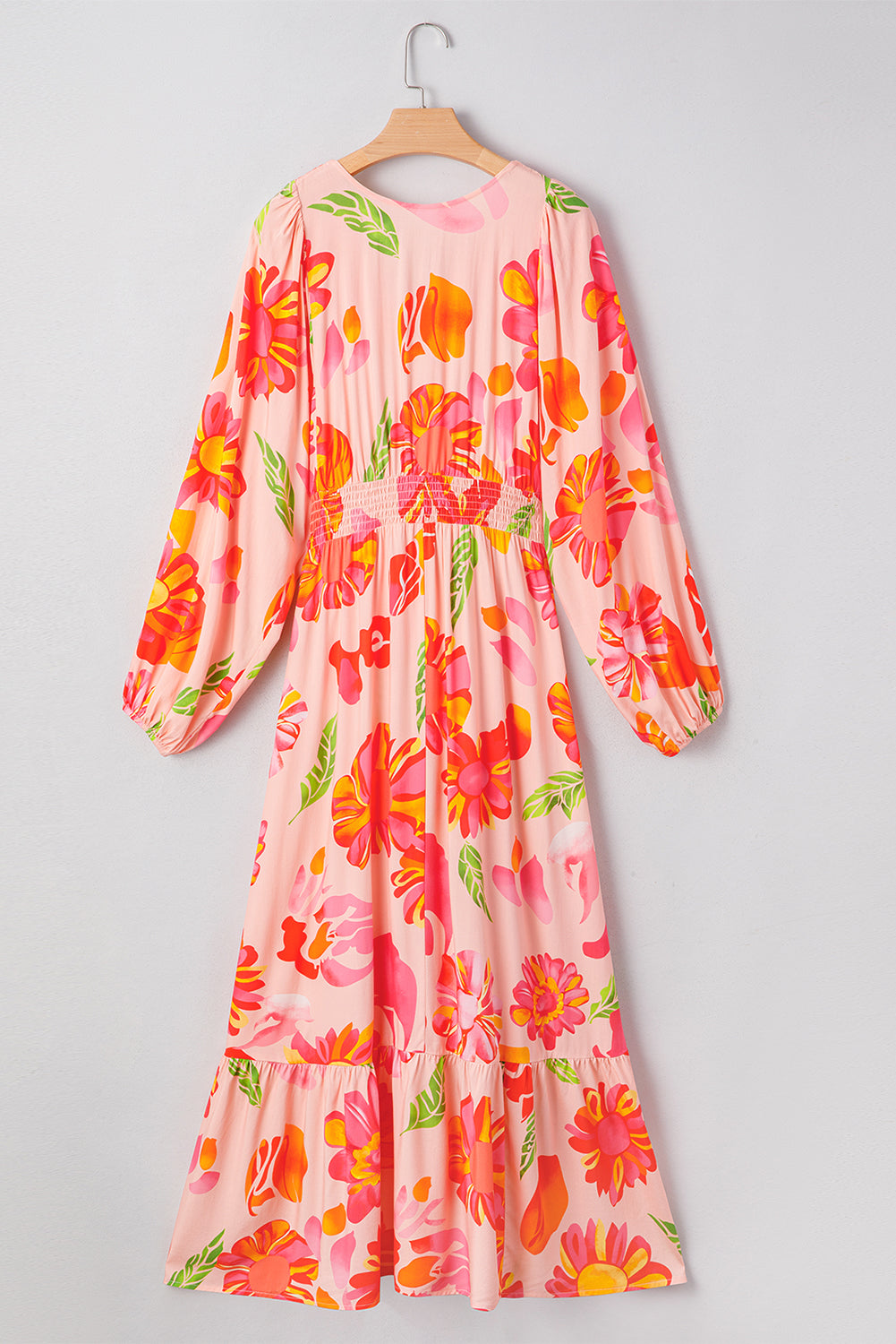 Floral-Print Smocked Detail V-Neck Puff Sleeve Flowy Maxi Dress