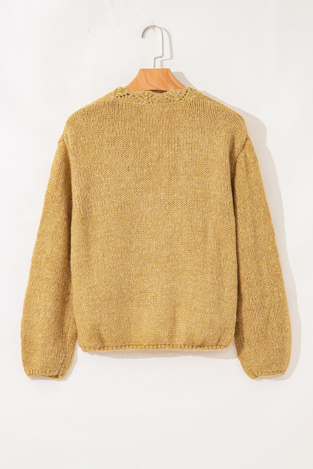 Scallop Lantern Sleeve V-Neck Button-Front Cropped Cardigan