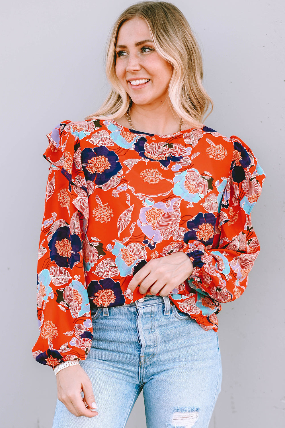 Women's Blouse Featuring Ruffle-Trimmed Balloon Sleeve Floral-Print Print