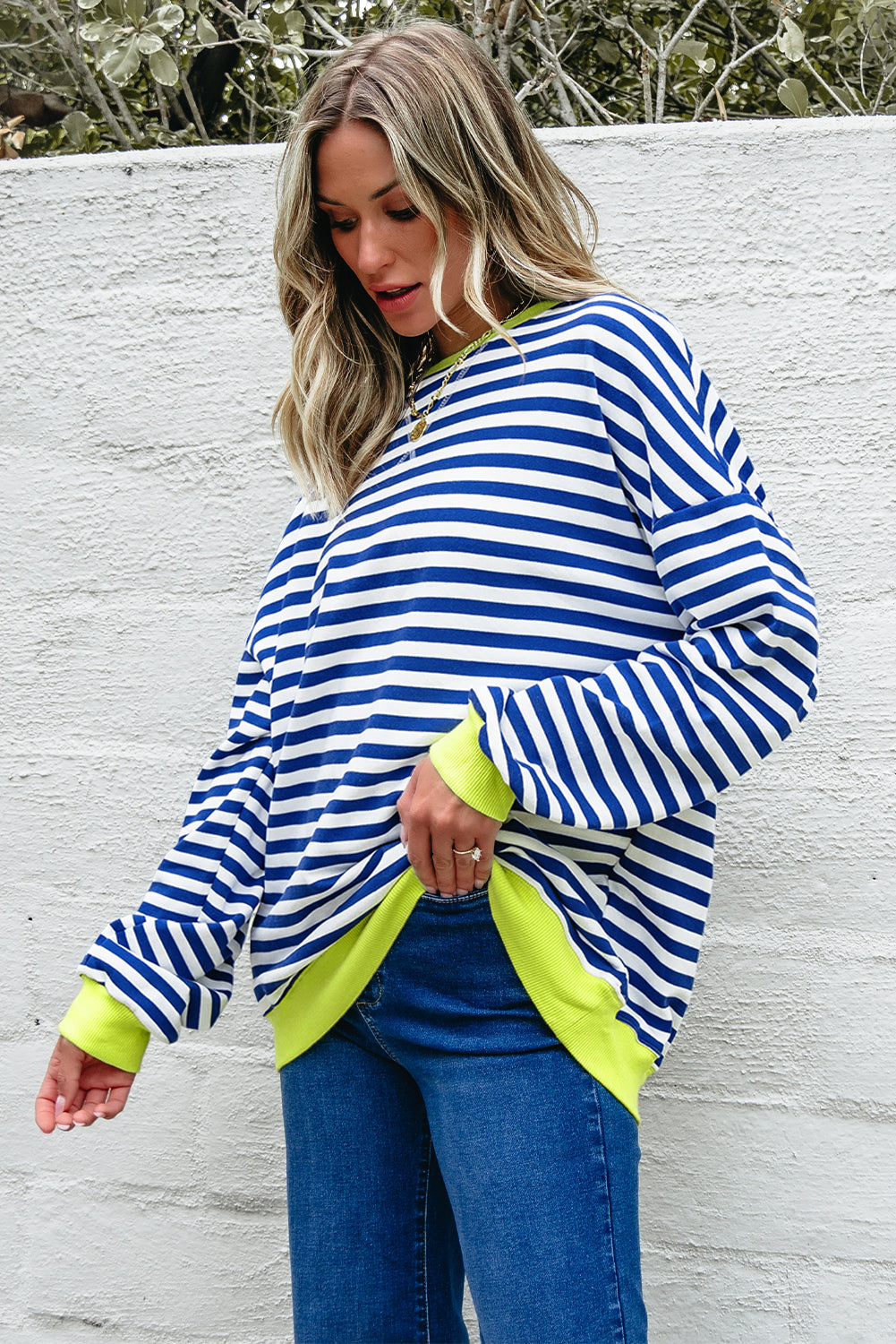 Striped Contrast Rib-Knit Trim Crossed Stitch Drop-Shoulder Sweatshirt Style
