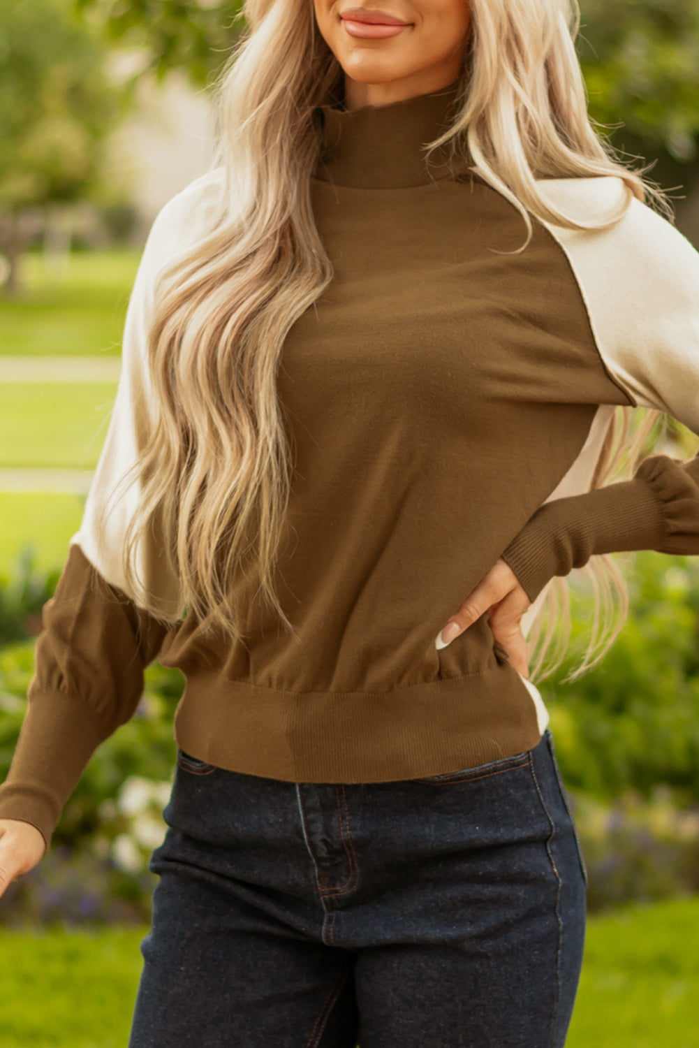 Raglan Puff Colorblock Puff Sleeve Mock-Neck Knit Top