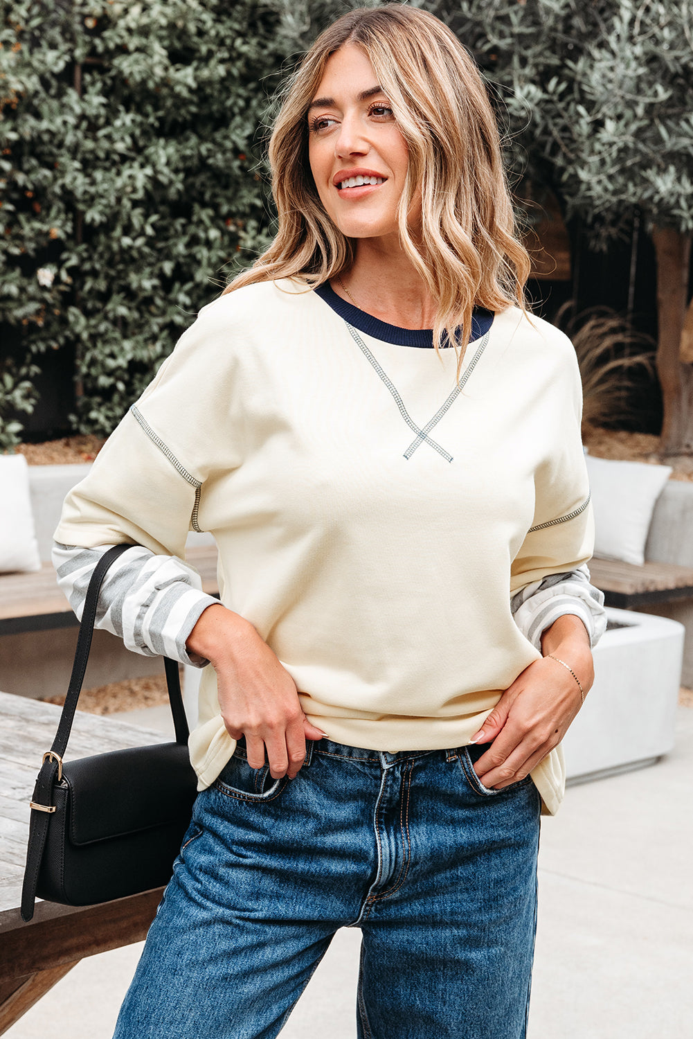 Long-Sleeved Striped Patchwork Round-Neck Two-in-one Top in Beige