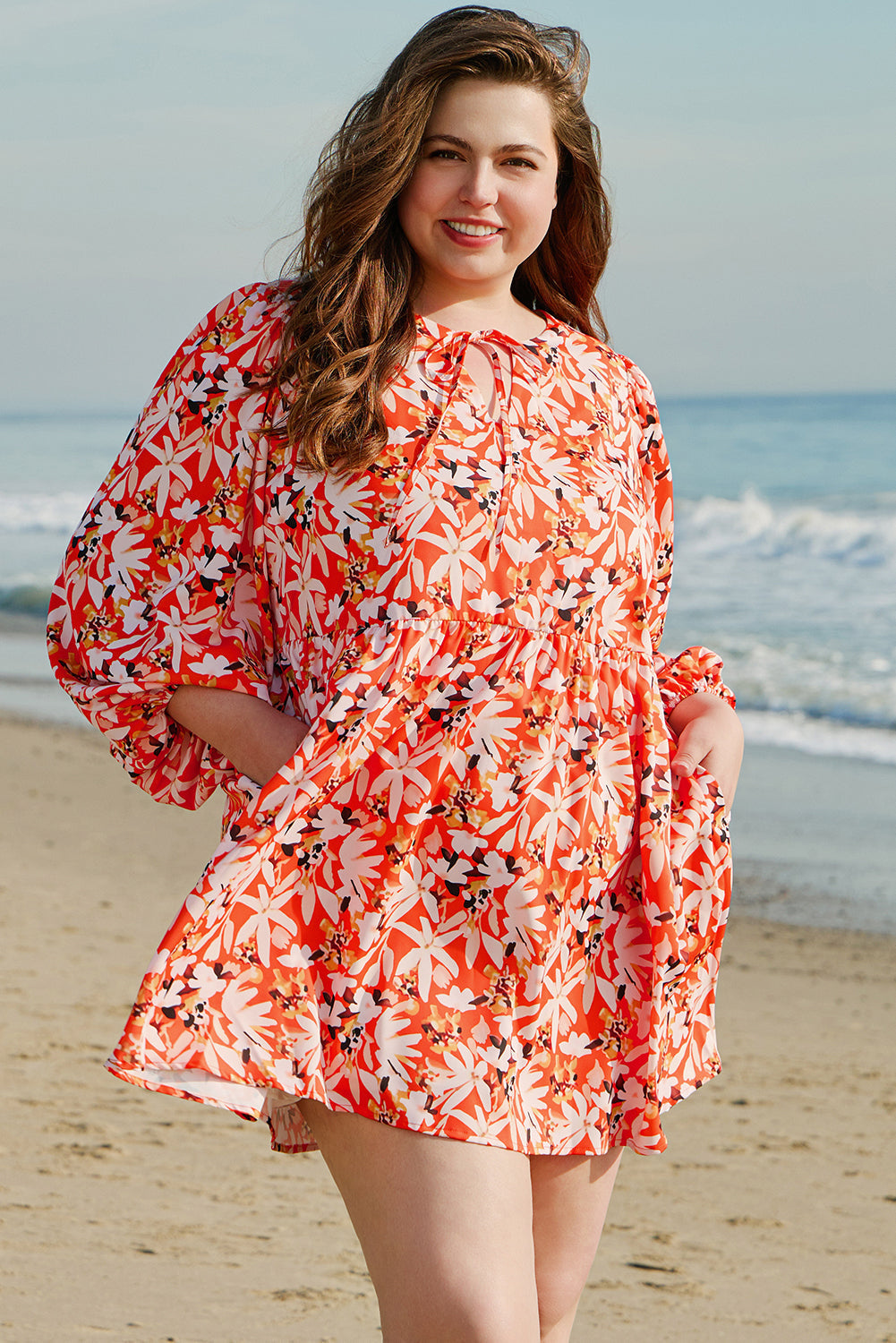 Floral Print Split V Neck Plus Size Dress