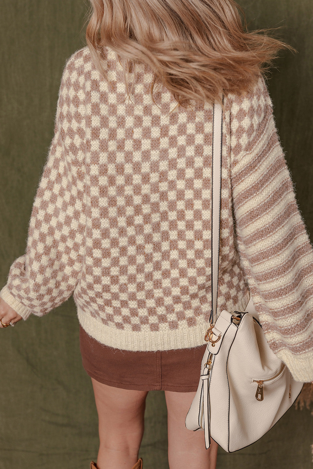 Checkerboard Sleeve Drop-Shoulder Balloon Knit Top