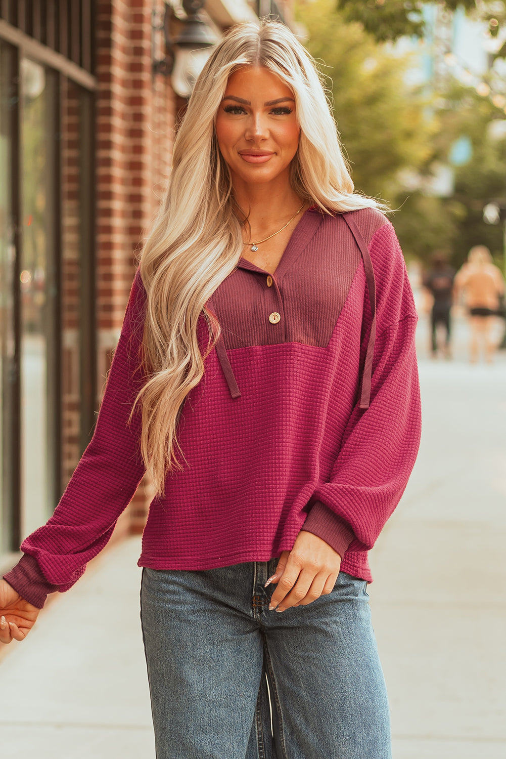 Patchwork Drop-Shoulder Waffle Drop-Shoulder Hooded Long-Sleeved Top in Red