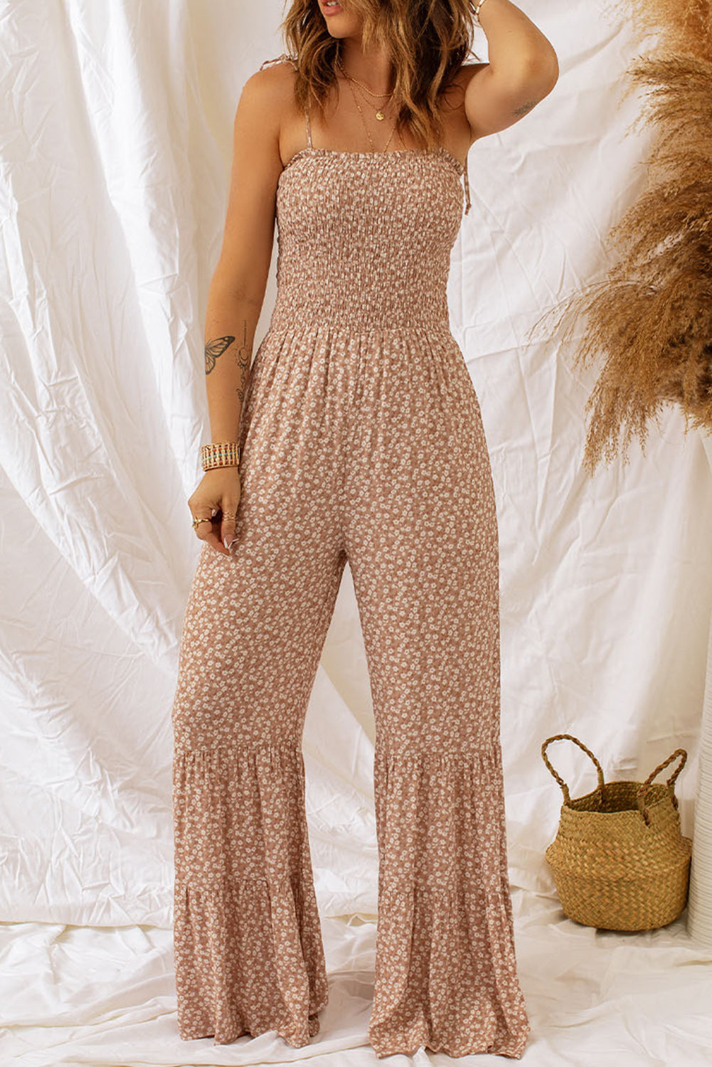 Women's Jumpsuit Featuring Thin Straps Shirred Bodice Wide-Leg Floral-Print