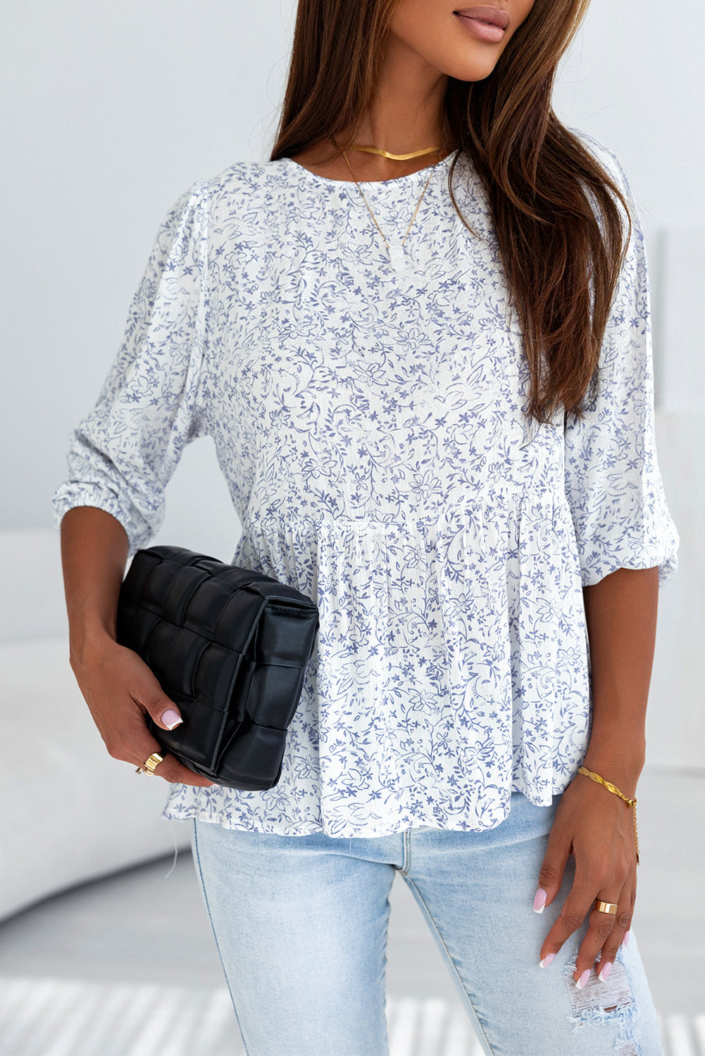 Blouse à manches bouffantes 3/4 à imprimé floral rétro