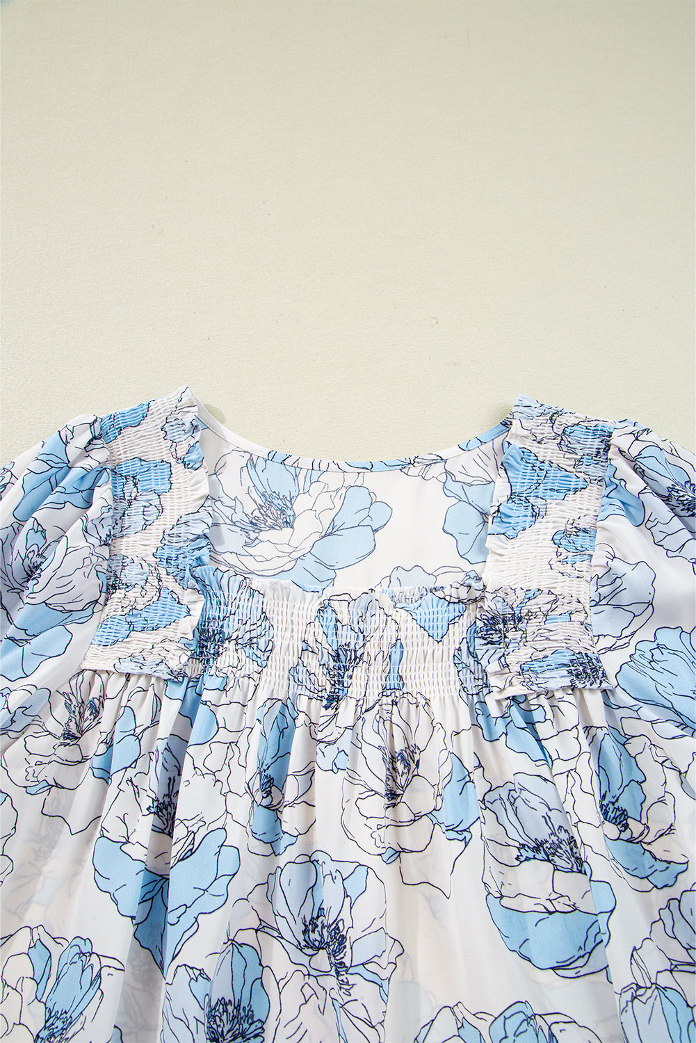 Floral-Print Frilly Smocked Square Neck Long-Sleeved Blouse