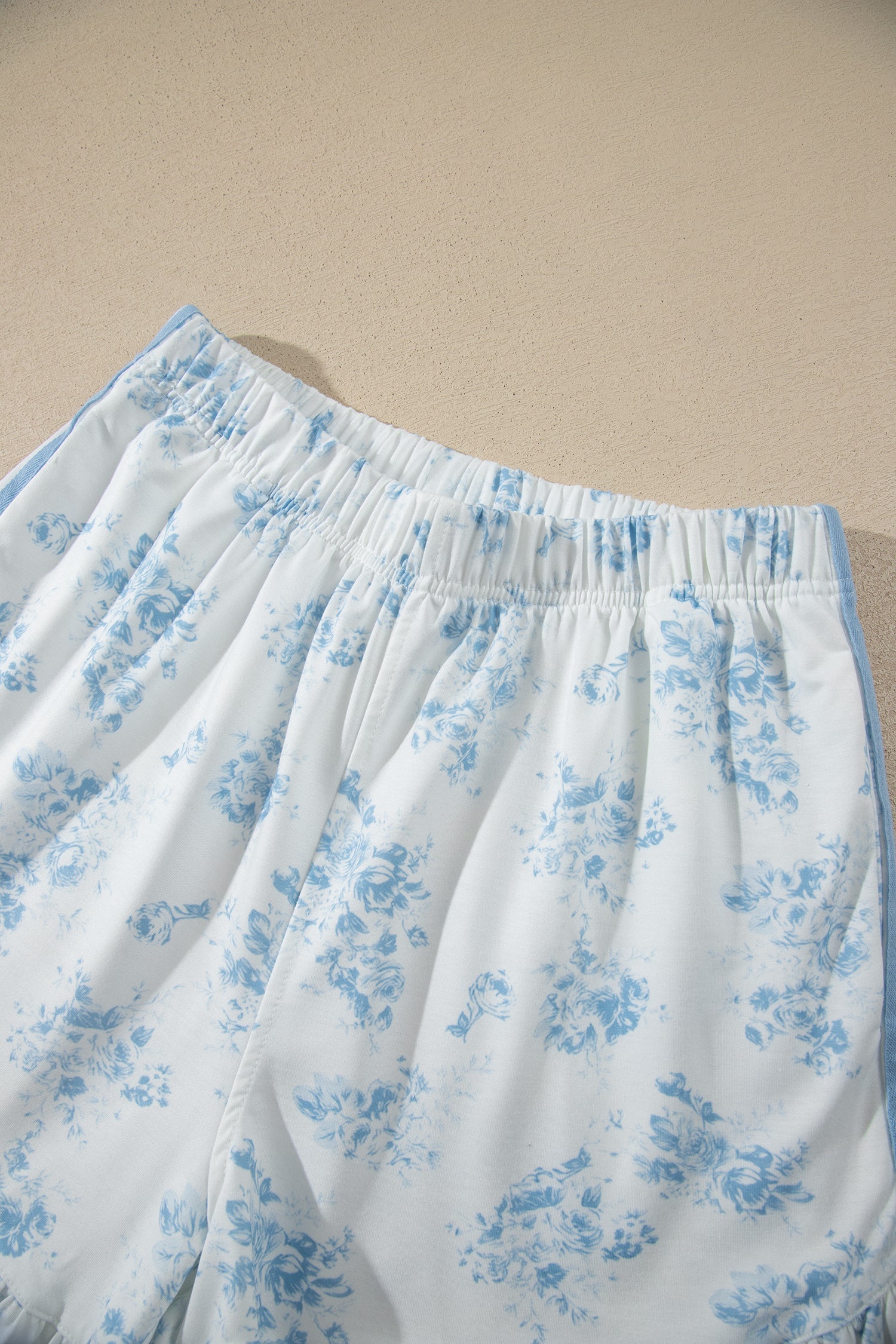 Long-Sleeved Top Floral-Print Top Ruffle Hem Shorts 2-Piece Outfit in Sky Blue