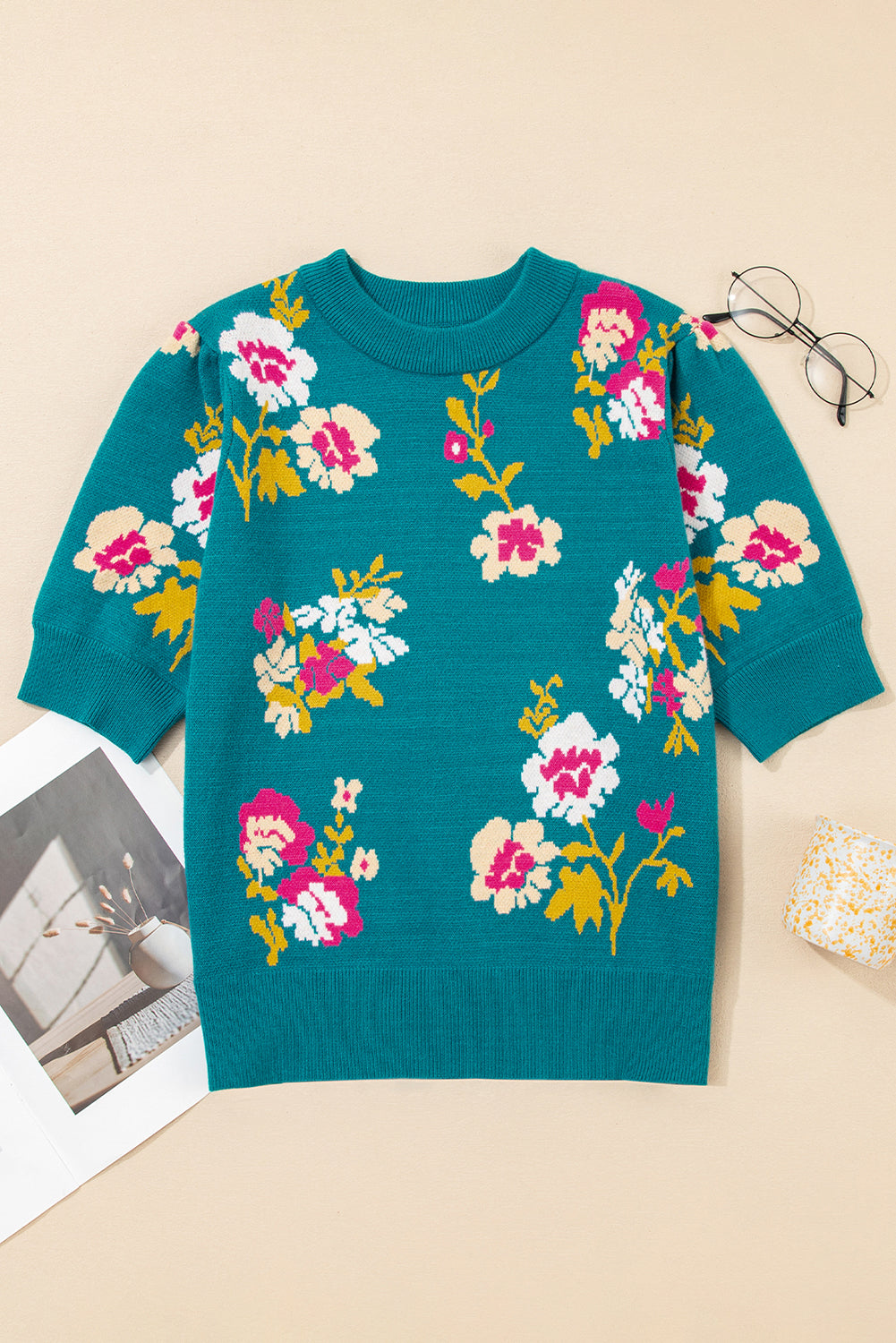 Pattern Mock-Neck Flower Mock-Neck Short-Sleeved Knit T Shirt