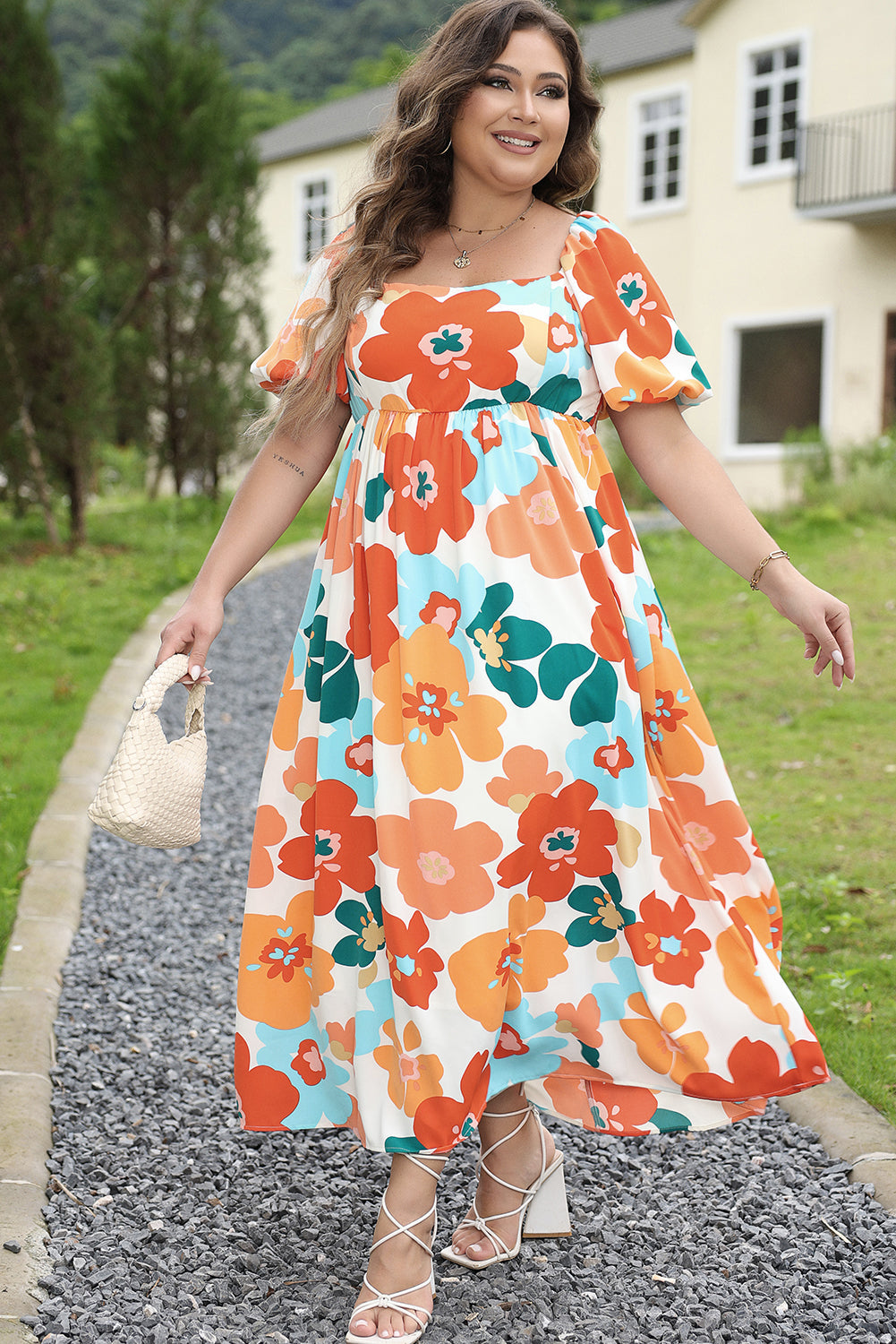 Robe Maxi Froncée à Fleurs de Grande Taille