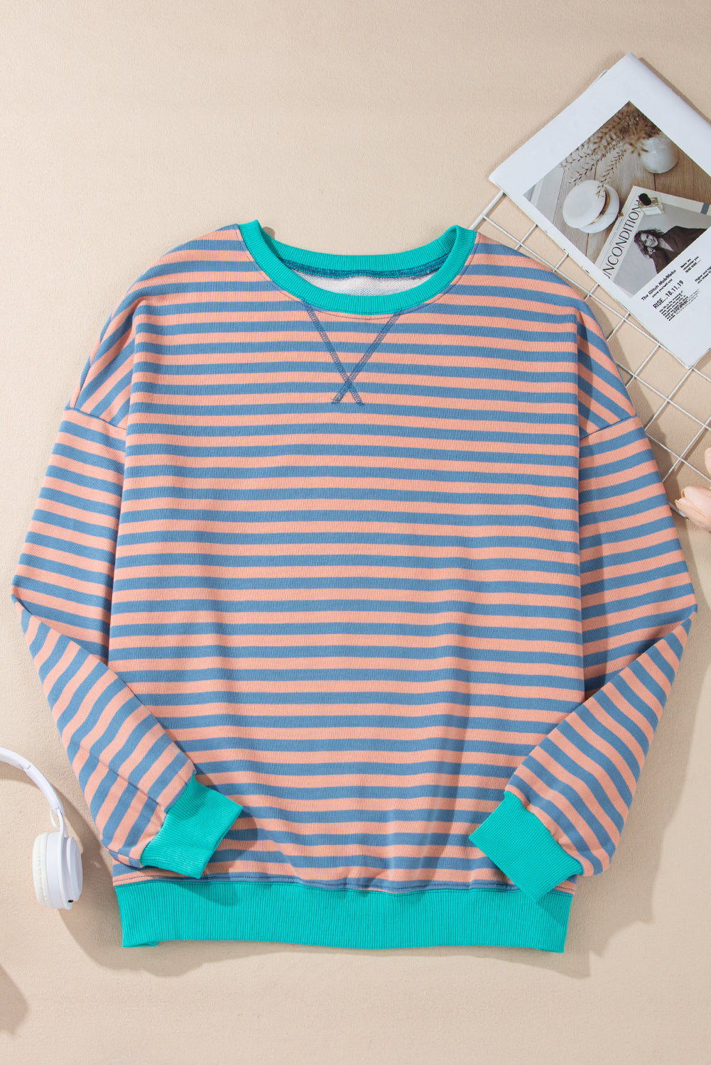 Rib-Knit Striped Contrast Trim Crossed Stitch Drop-Shoulder Sweatshirt