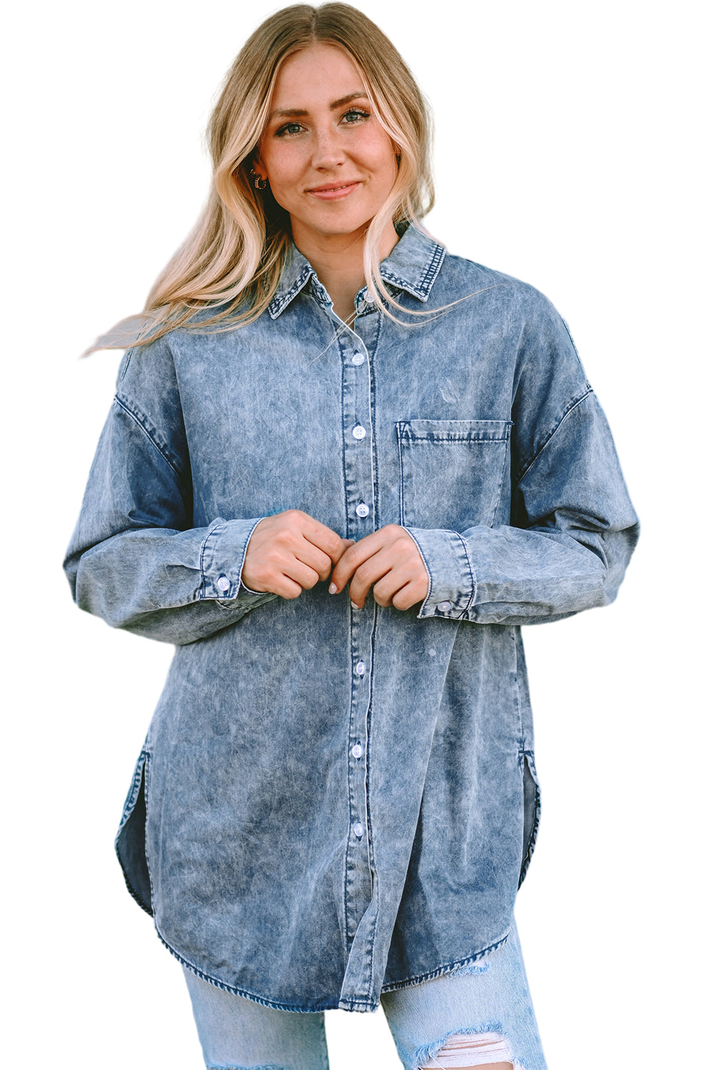 Women's Shirt Featuring Chest Denim Vintage Washed