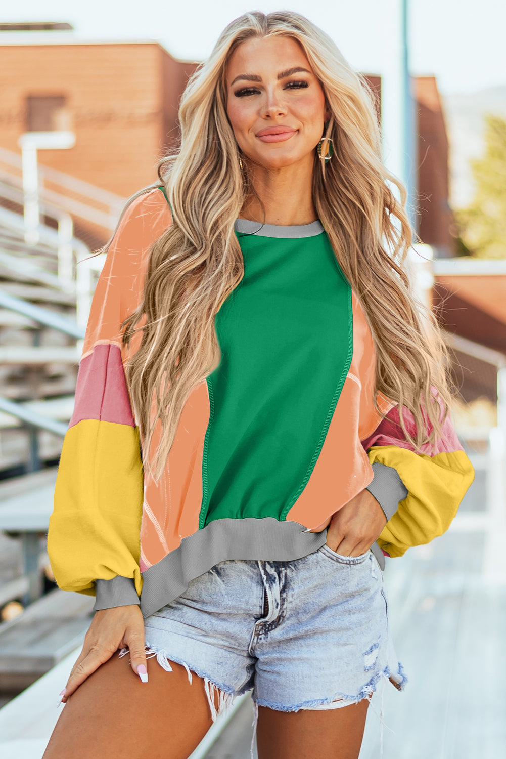 Colorblock Patchwork Exposed Stitching Oversize Top