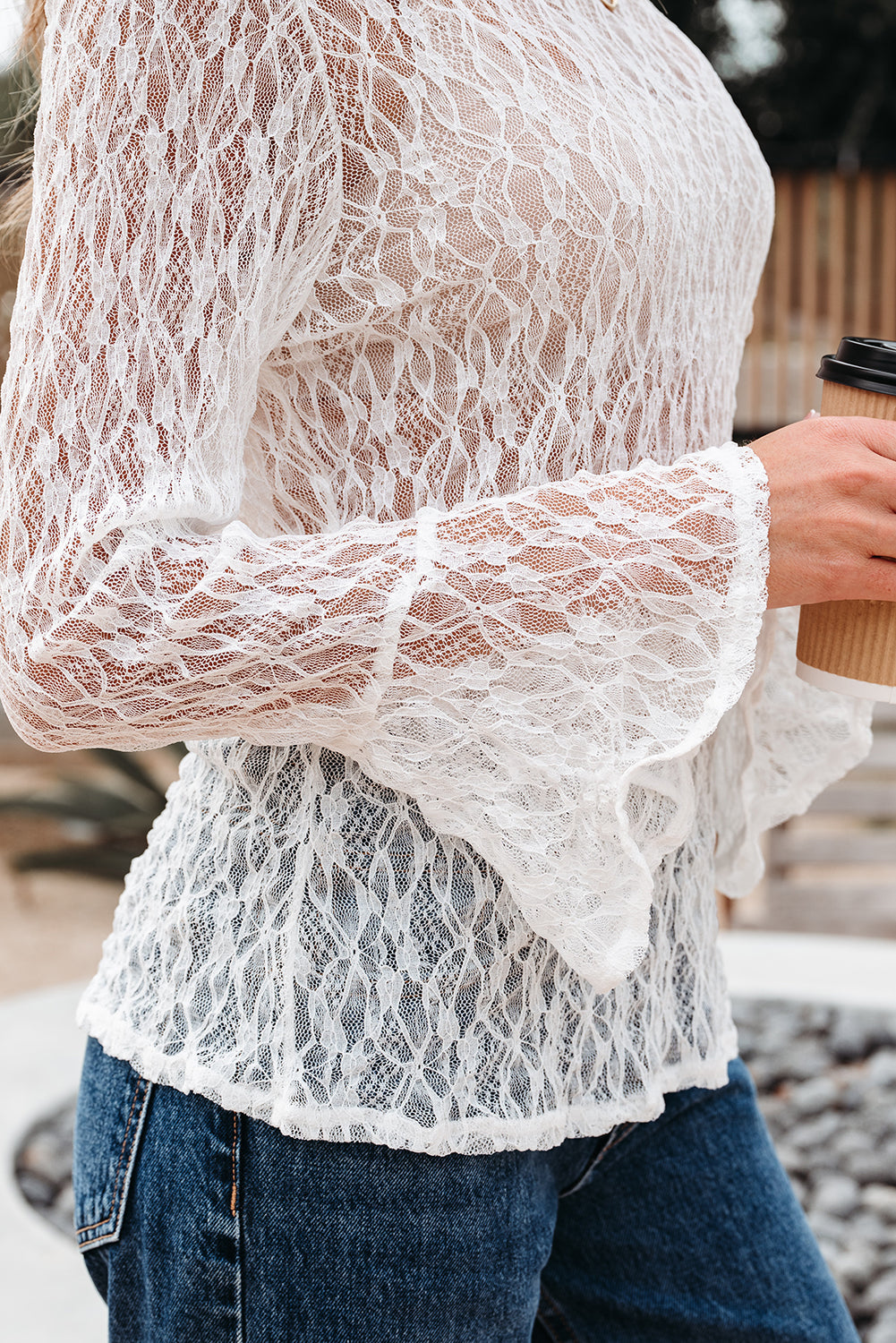 Bell Sheer Lace Sleeve Mock-Neck Blouse