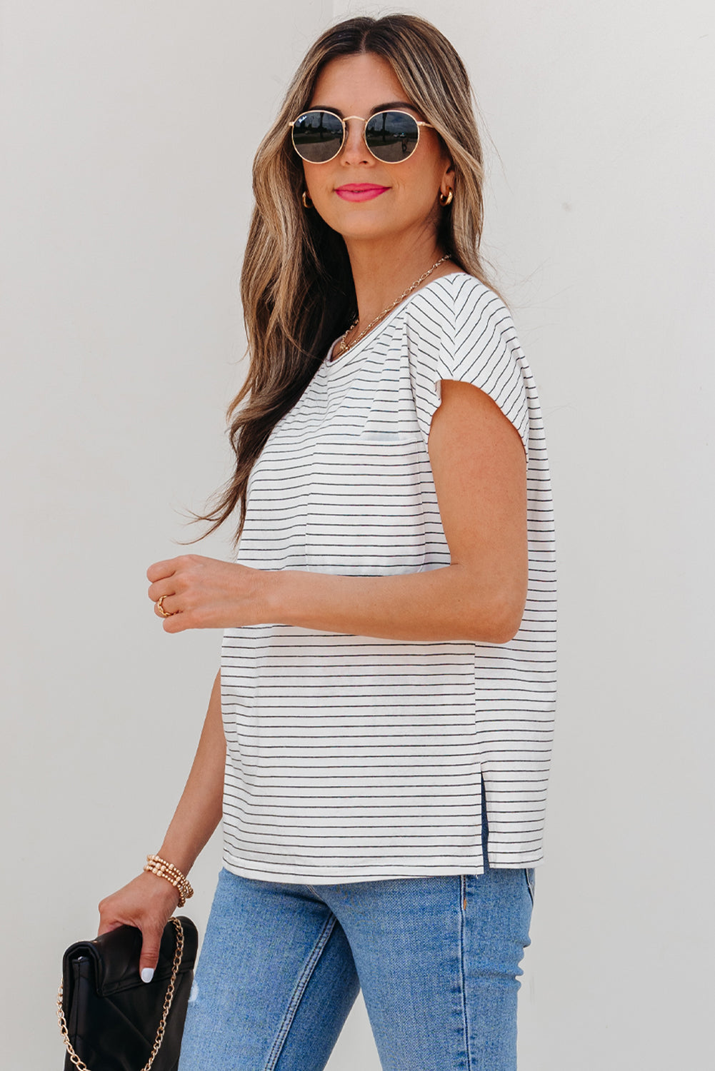 Cap Sleeve Crew Neck Casual Tee with Chest Pocket