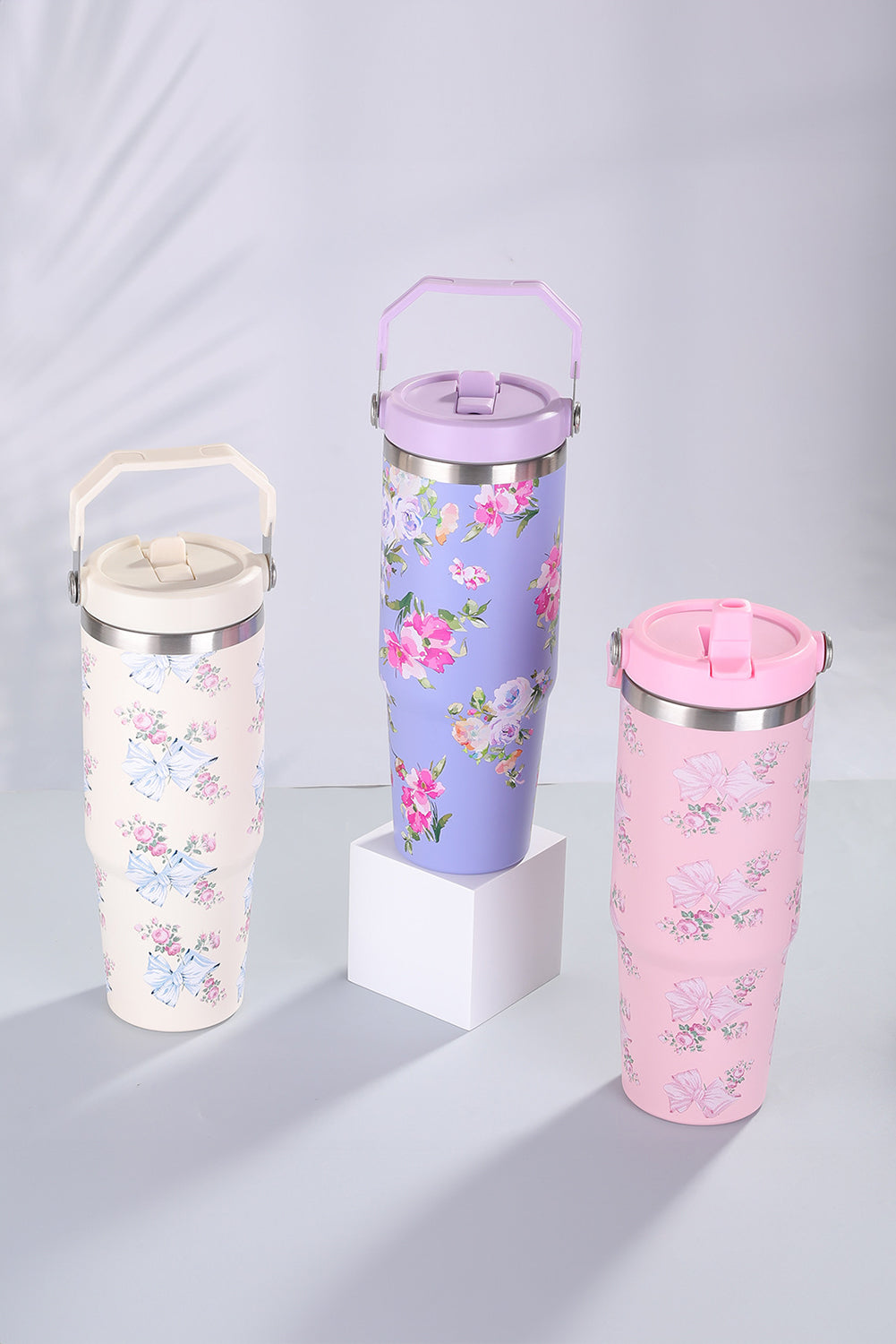 30OZ Bow Floral-Print Flip Handle Straw Tumbler