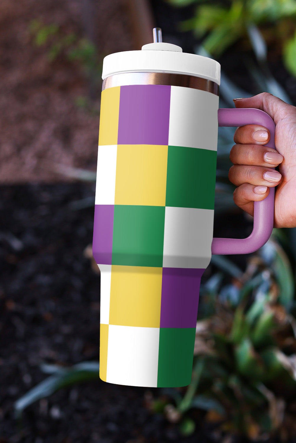 Mardi Print Gras Checkered Handle Large Tumbler 40oz