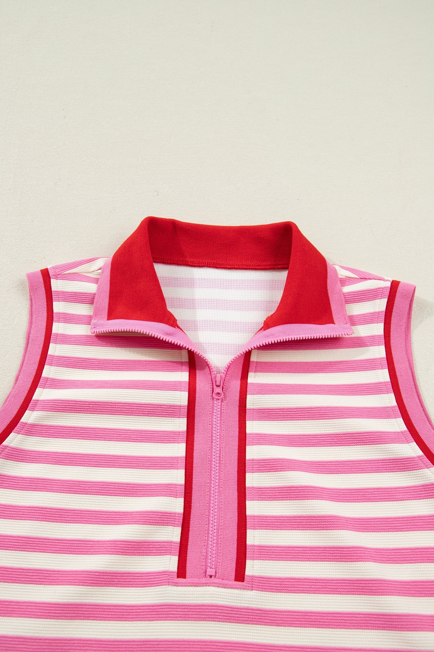 Textured Sachet Pink Stripe Print Contrast Trim Zip Collar Sleeveless 2pcs Skort Set