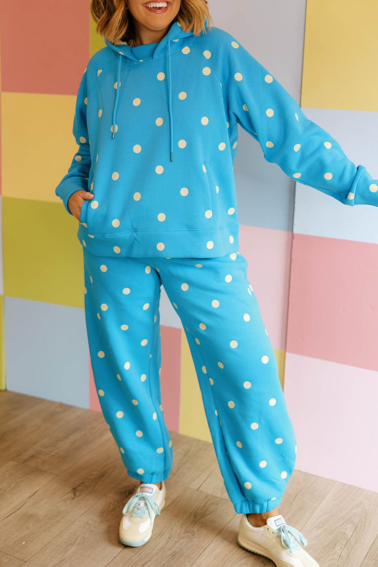 Drawcord Polka-Dot Hooded Long-Sleeved Plus Size Set in Blue