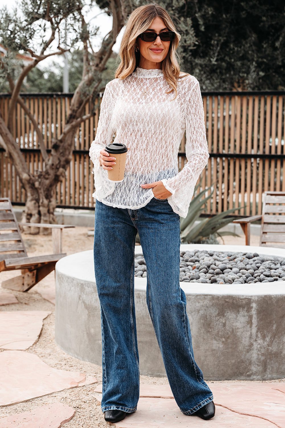 Bell Sheer Lace Sleeve Mock-Neck Blouse