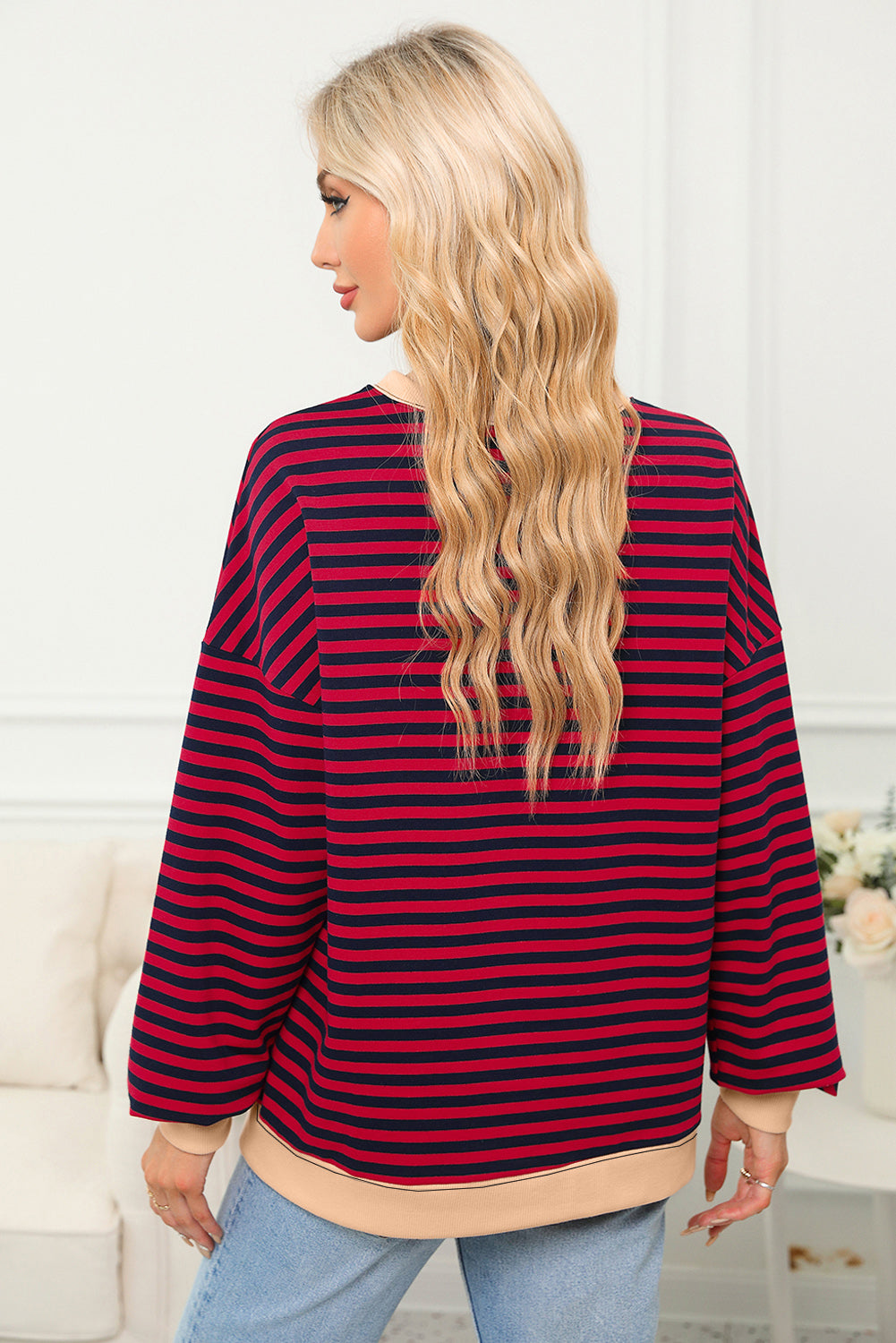 Trim Contrast Rib-Knit Crossed Stitch Drop-Shoulder Sweatshirt