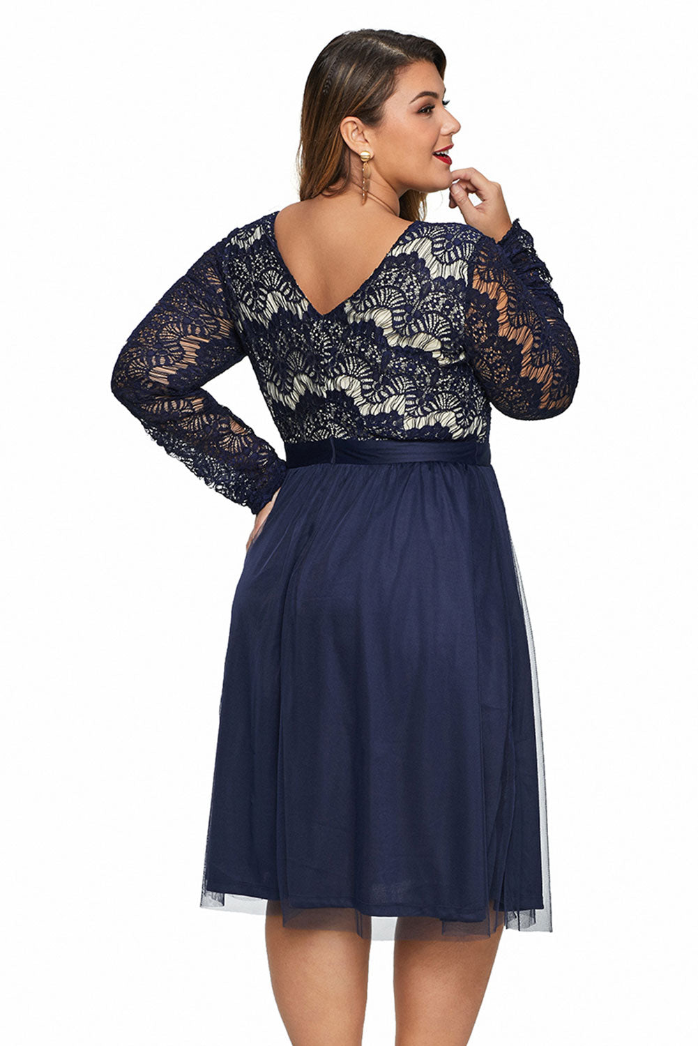 Neck Lace Scalloped Lace Tulle Plus Size Midi Dress in Black