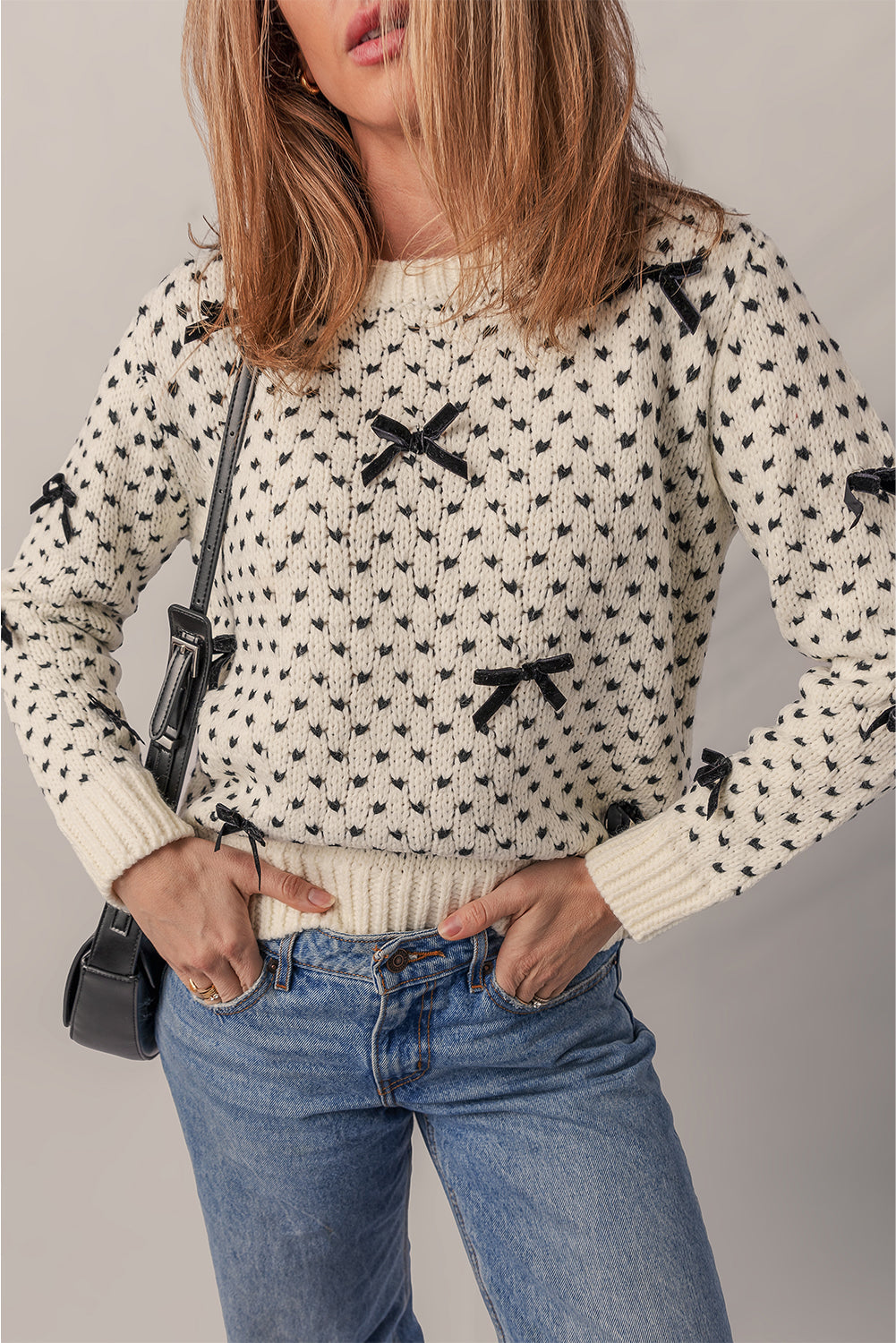 Decor Color Bow Color Contrast Rib-Knit Edge Crew-Neck Knit Top