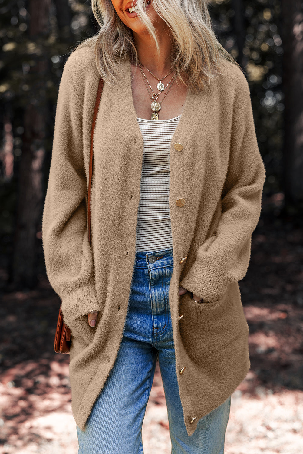 Fuzzy Button-Front Midi Solid Cardigan Style