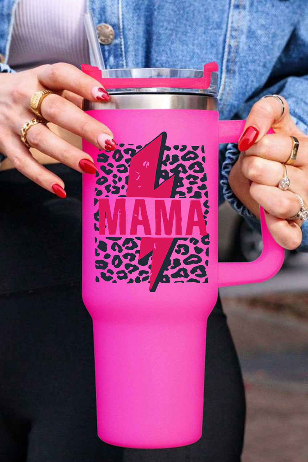 Lightning Leopard-Print Mama Leopard-Print Straw Stainless Steel Insulate Cup 40oz