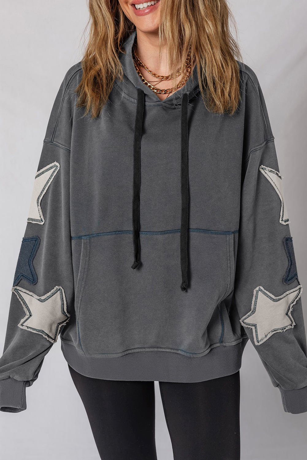 Star Stitching Patchwork Contrast Mineral Wash Kangaroo Pocket Retro Hoodie