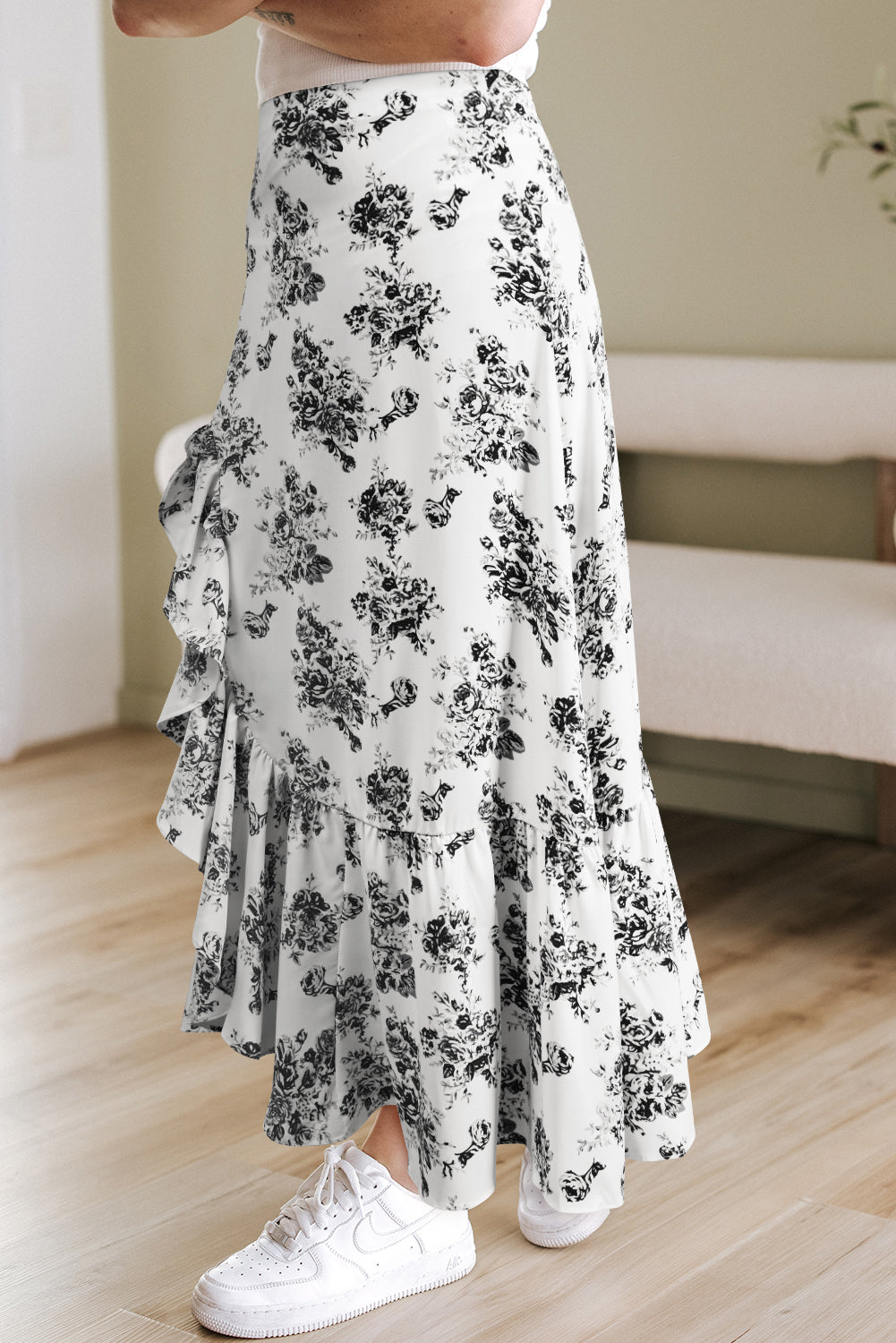 Black High-Waisted Boho Floral Ruffle Split Maxi Skirt in White