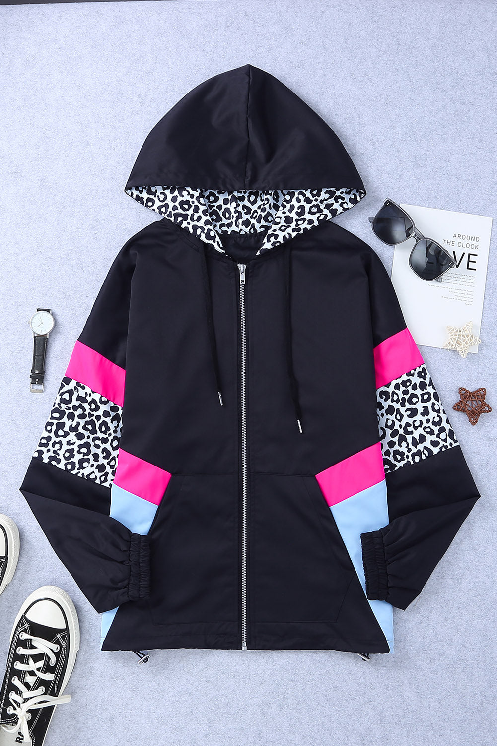 Women's Jacket with Color-Block Pockets Black Zip-Front Hooded Leopard-Print