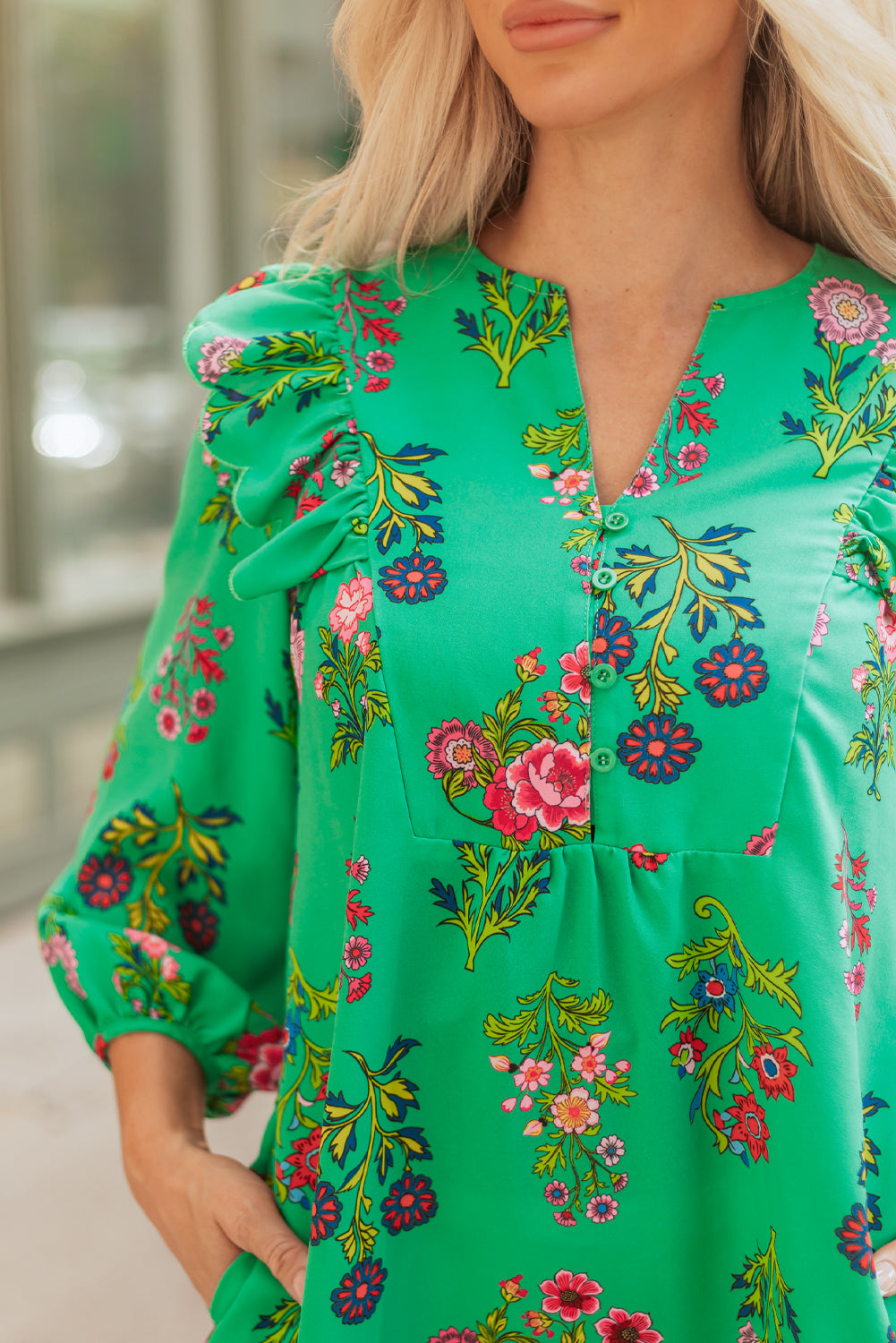 Floral Ruffled Three Quarter Sleeve Button-Front Mini Dress