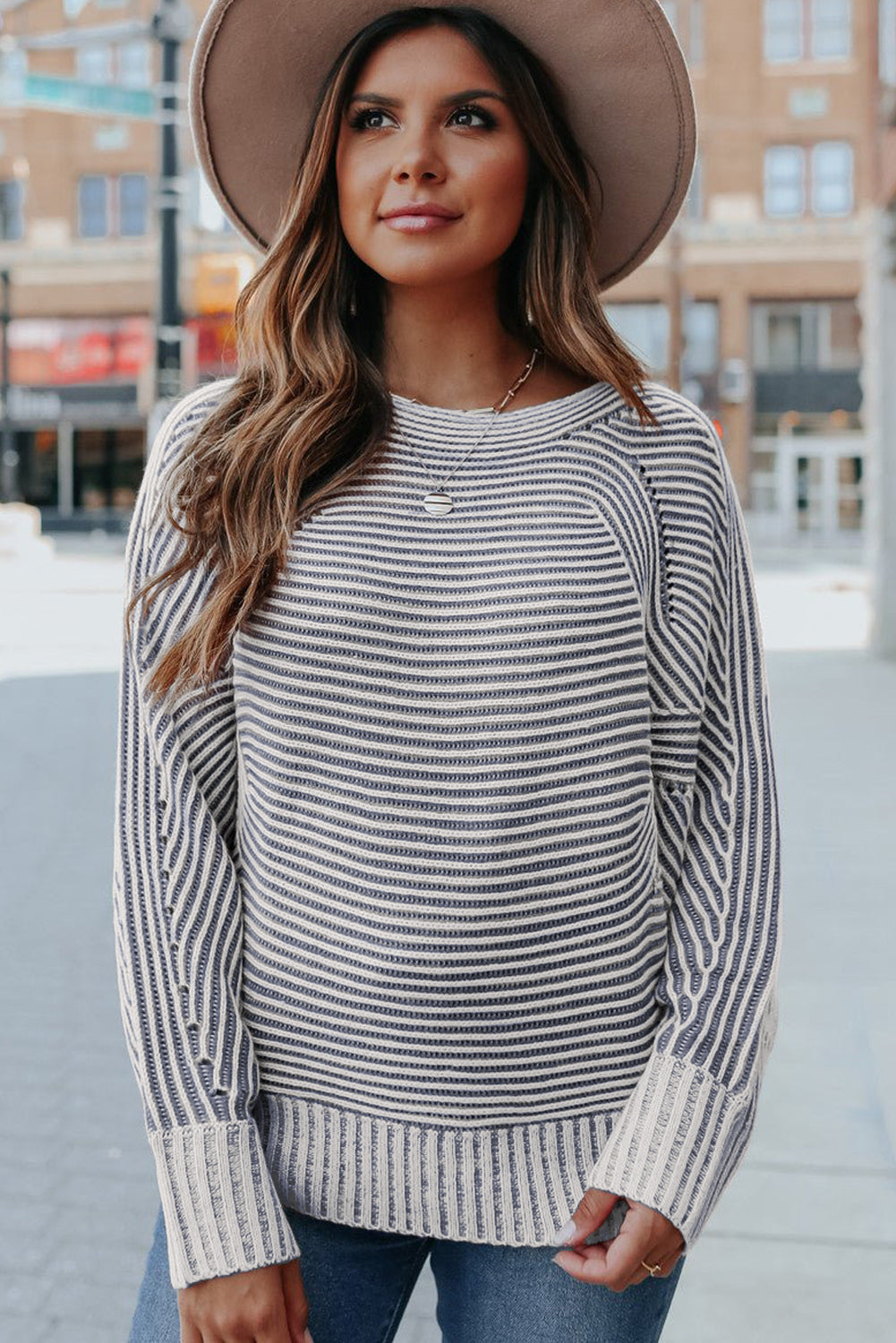 Print Rib-Knit Striped Rib-Knit Knit Boat Neck Baggy Knit Top