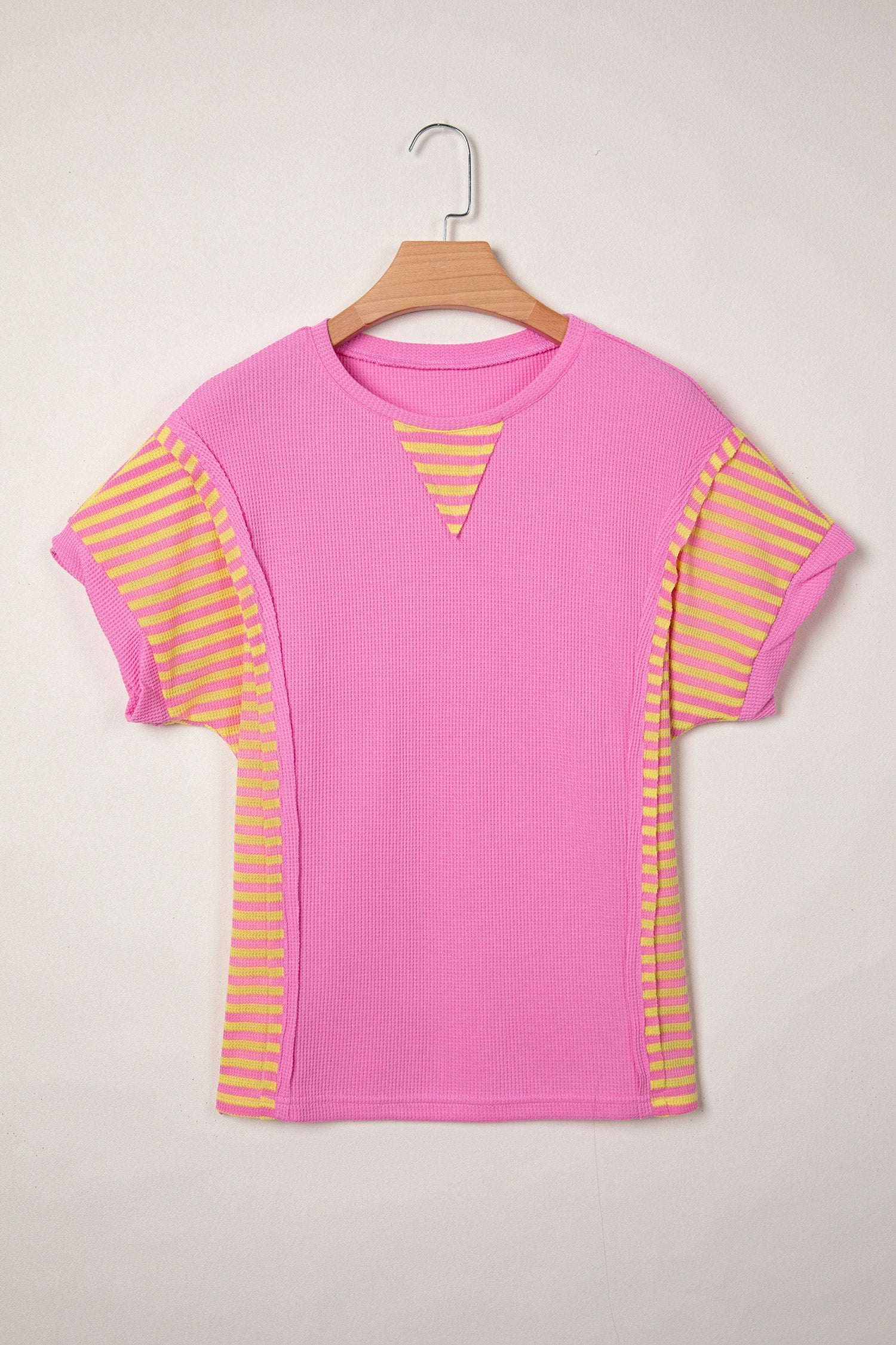 Waffle Striped Textured Contrast Loose T Shirt in Pink