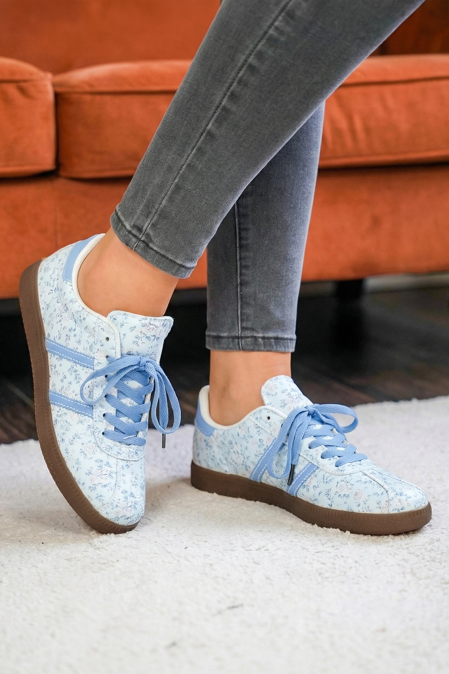 Lace-up PU Floral-Print PU Leather Flat Shoes in Light Blue