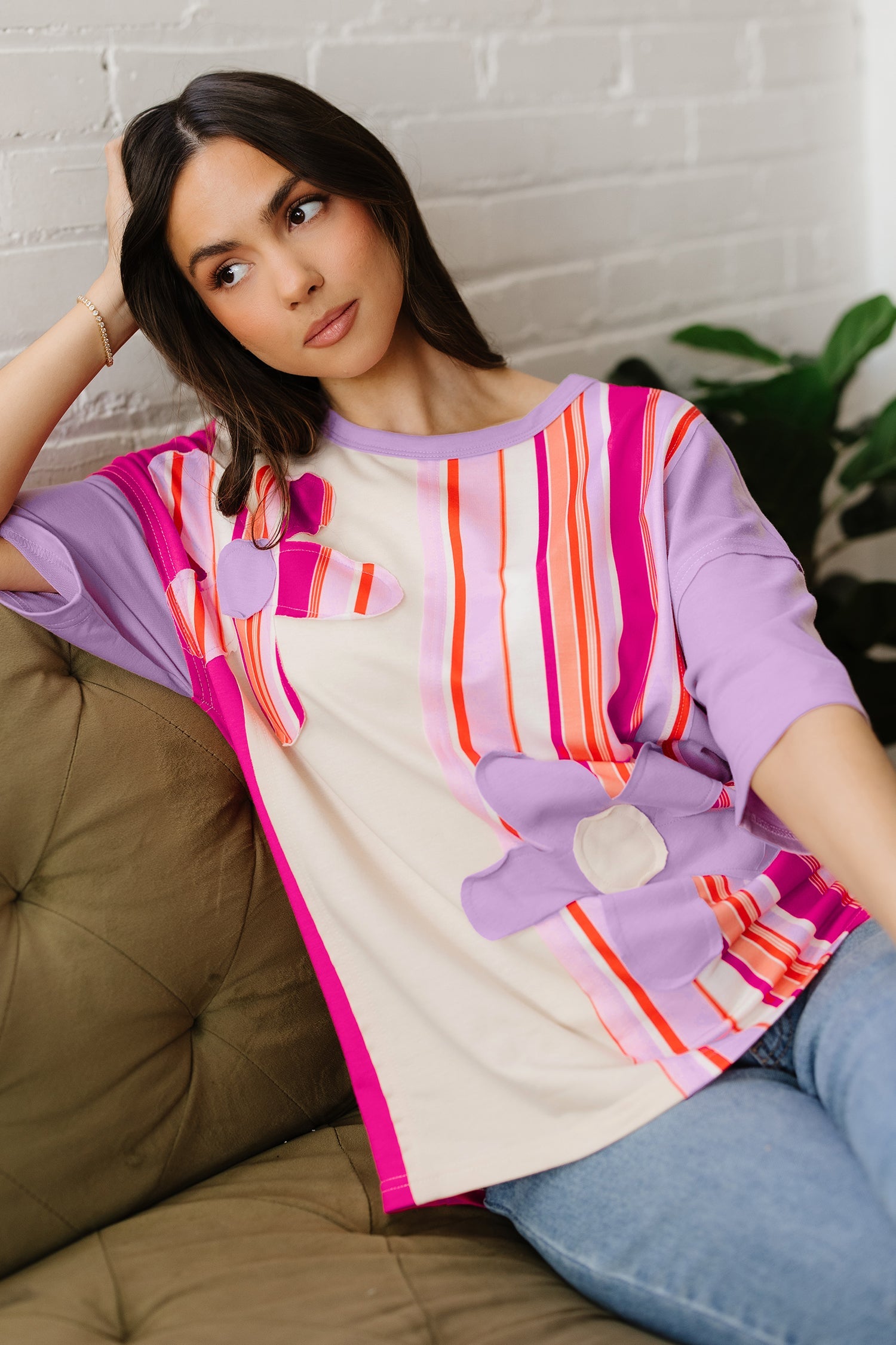 Striped Colorblock Flower Patched Half Sleeve Loose Top