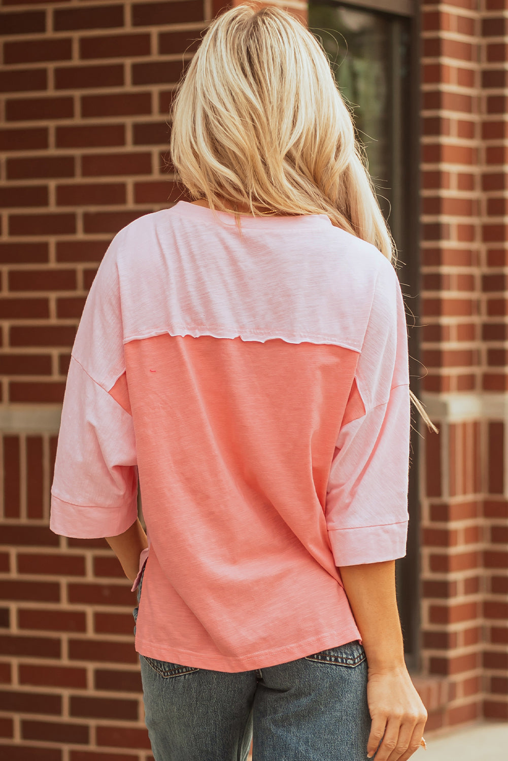 Exposed Flower Patched Seam Bracelet Sleeve Roomy T Shirt